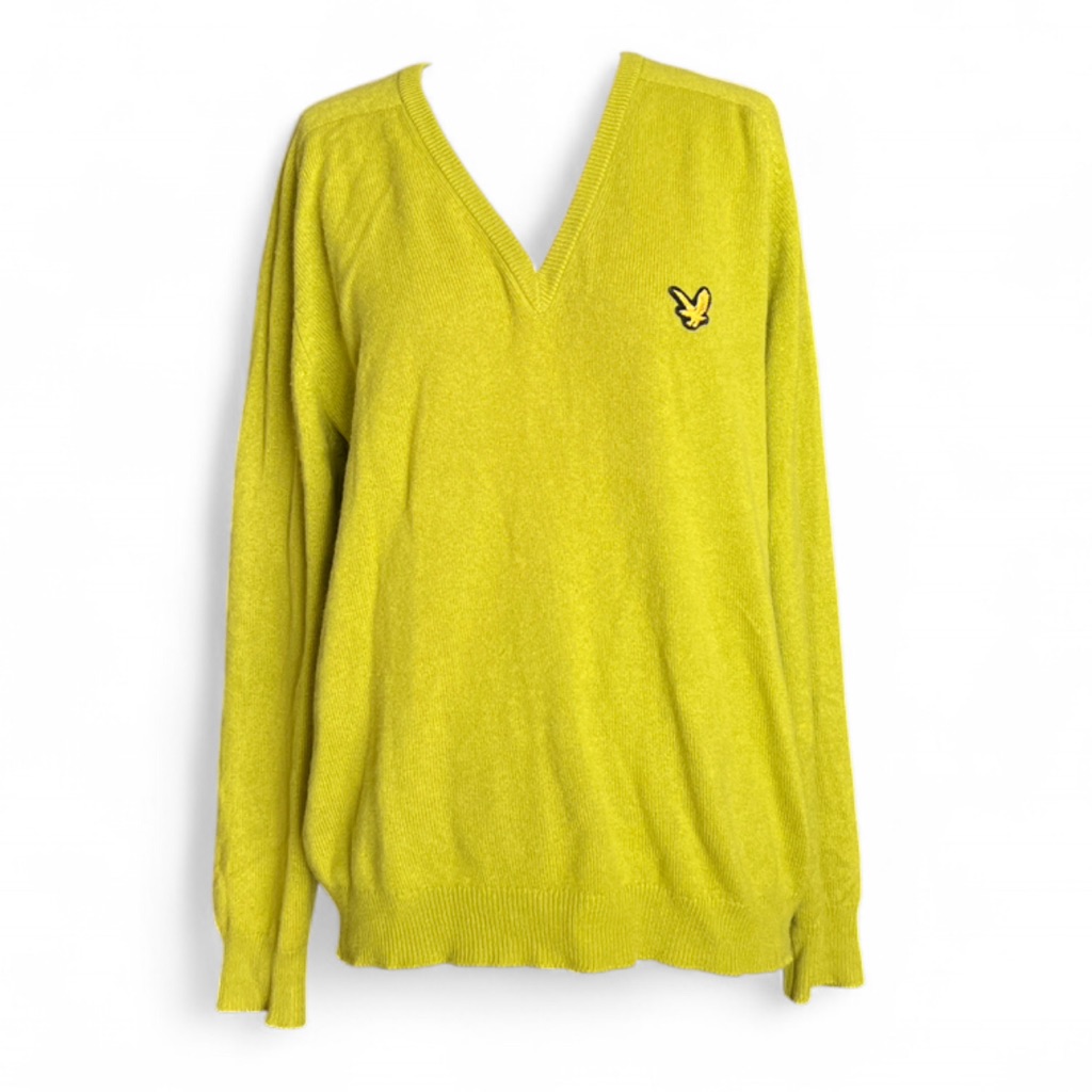 Vintage Lyle & Scott Cashmere V-Neck Sweater Chartreuse Green Size 42 Scotland